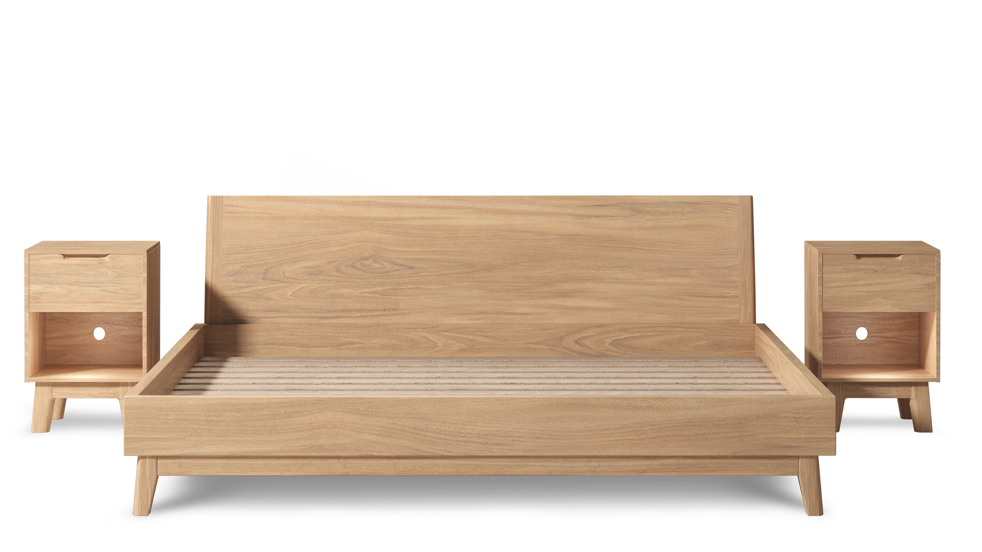 The Bosco: Walnut Mid Century Modern Bed showcasing a sleek wooden frame and headboard, highlighting its craftsmanship and contemporary design.