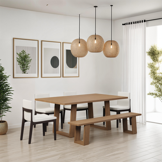 The Capri: Modern Dining Table Set, featuring a sleek design with benches and chairs, crafted from solid hardwood, ideal for contemporary dining spaces.