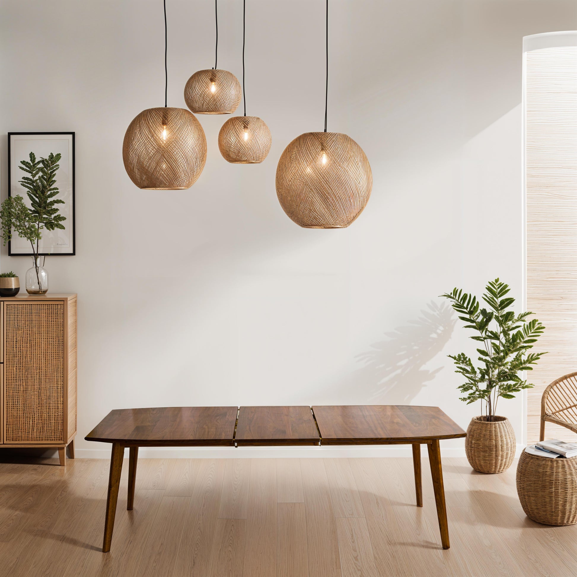 The Santa Monica Extension Table: Mid Century Modern style, solid hardwood, angled legs, extendable with a 20 leaf, showcasing timeless design and functionality.