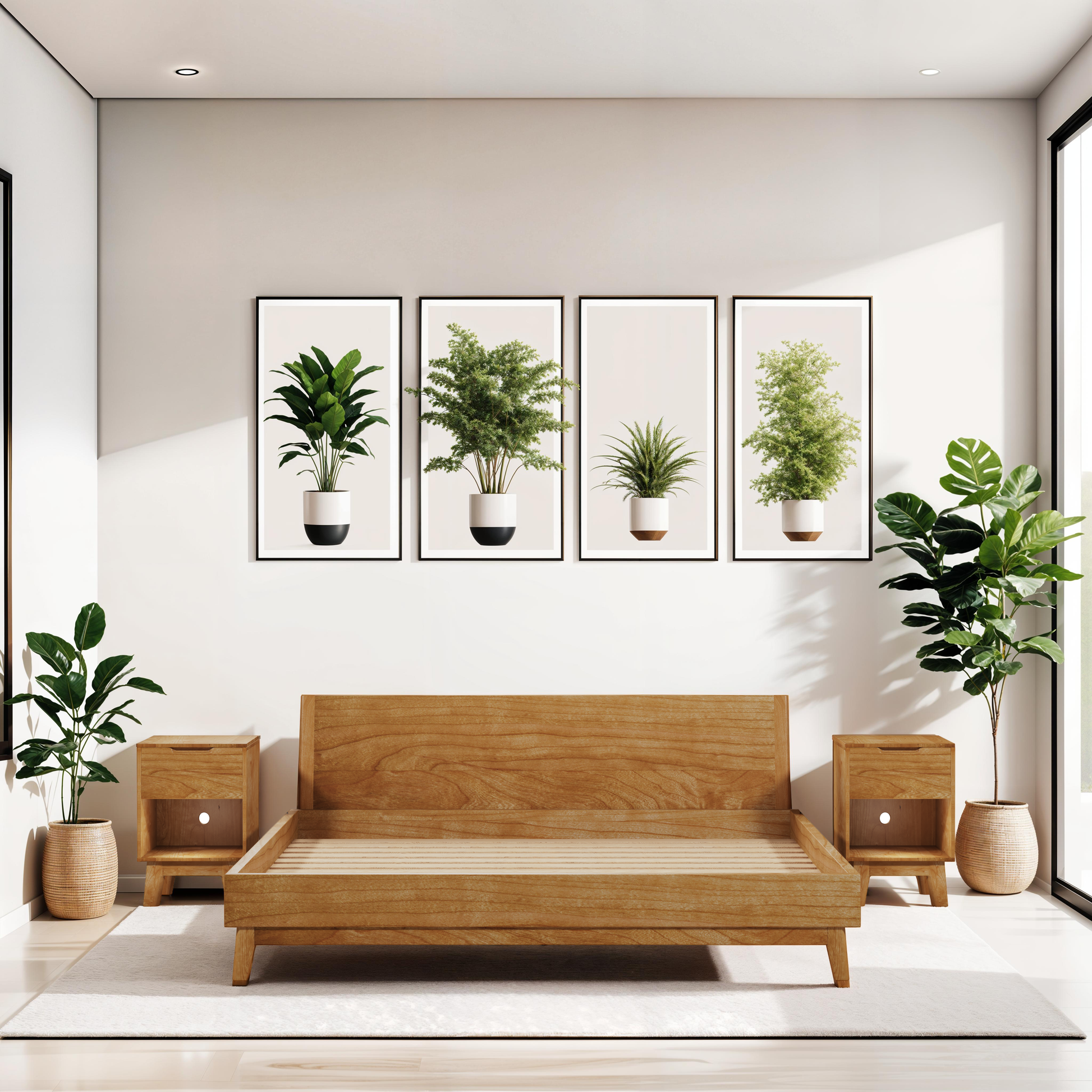 The Bosco: Walnut Mid Century Modern Bed in a stylish room, featuring a walnut frame and headboard, surrounded by various potted plants for a serene ambiance.