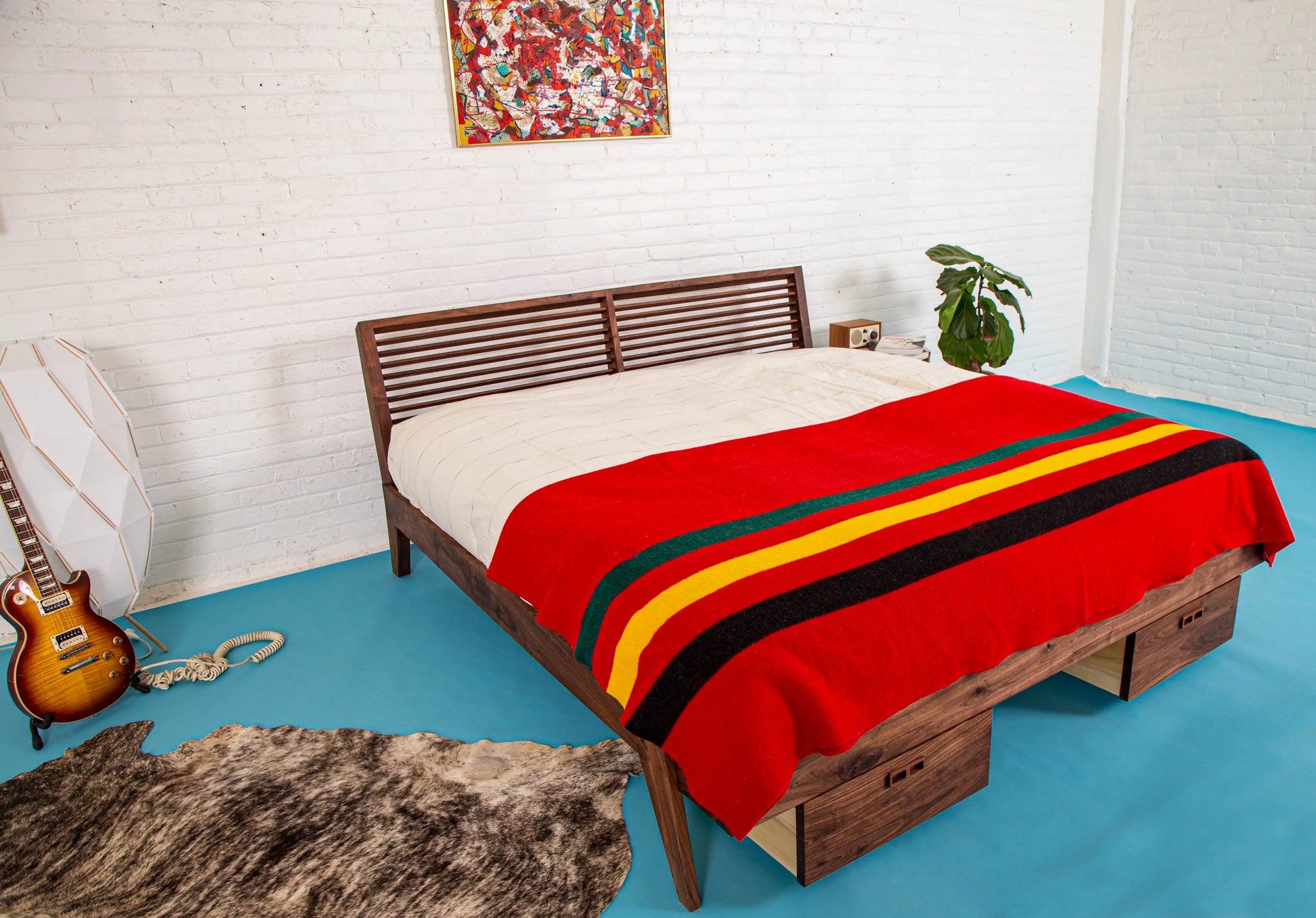 The Warwick, Louvered Modern Walnut Bed with Storage Moderncre8ve
