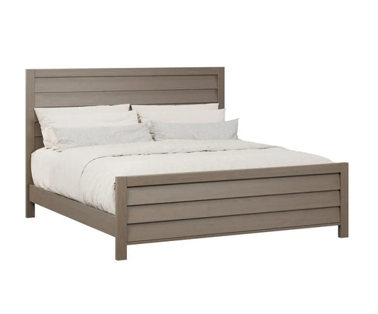 The Higley transitional bed frame in solid hardwood with modern upholstered design, featuring sleek lines and elegant craftsmanship.