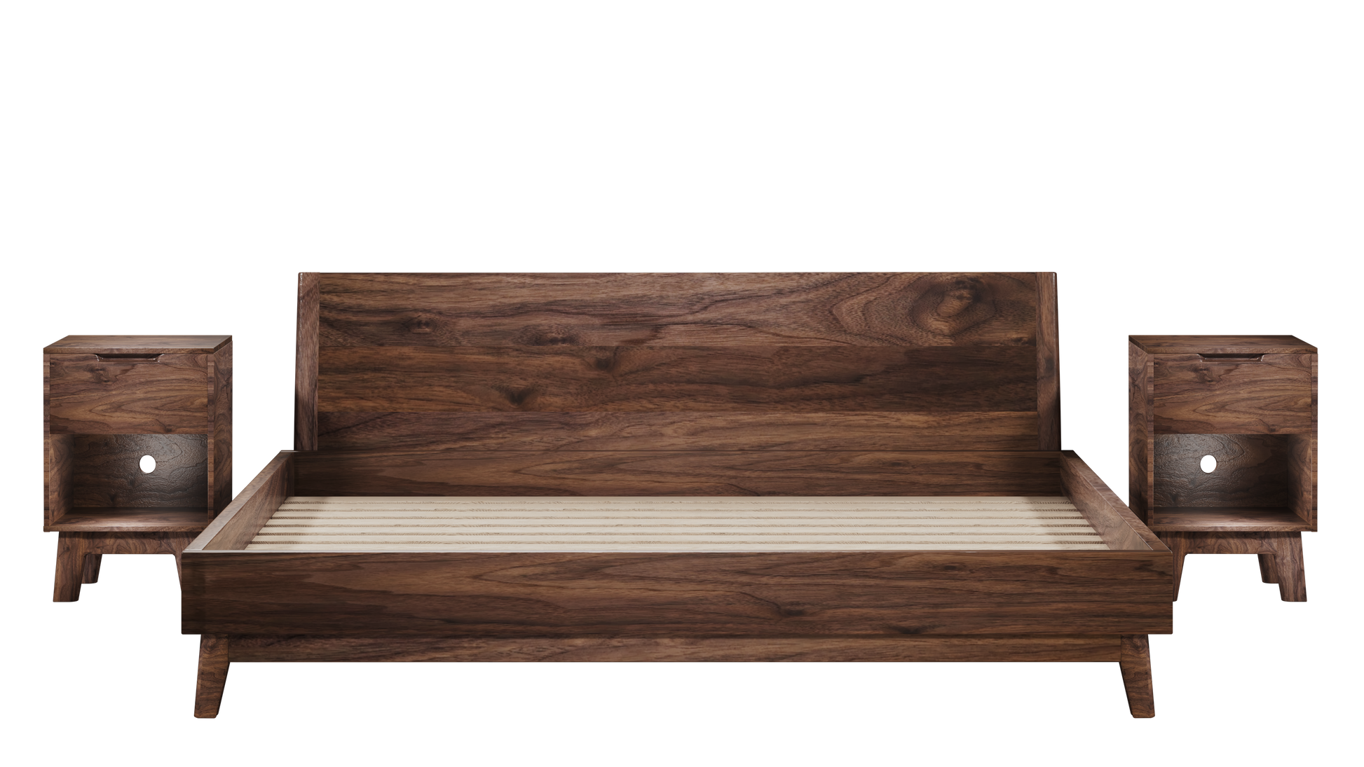 The Bosco: Walnut Mid Century Modern Bed showcasing a sleek wooden frame with a solid walnut headboard and sturdy leg structure.
