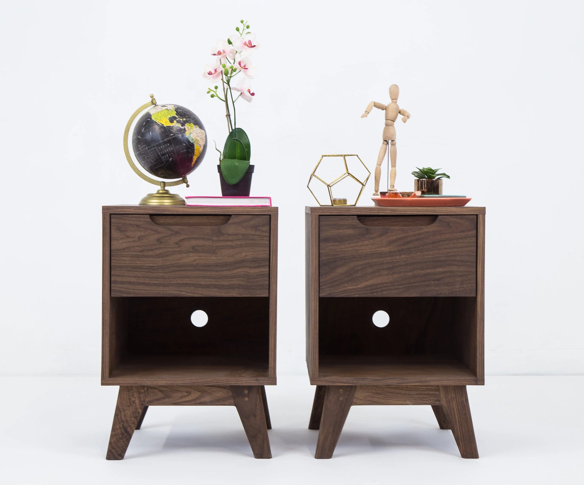 walnut mid century nightstand, front view with decor

