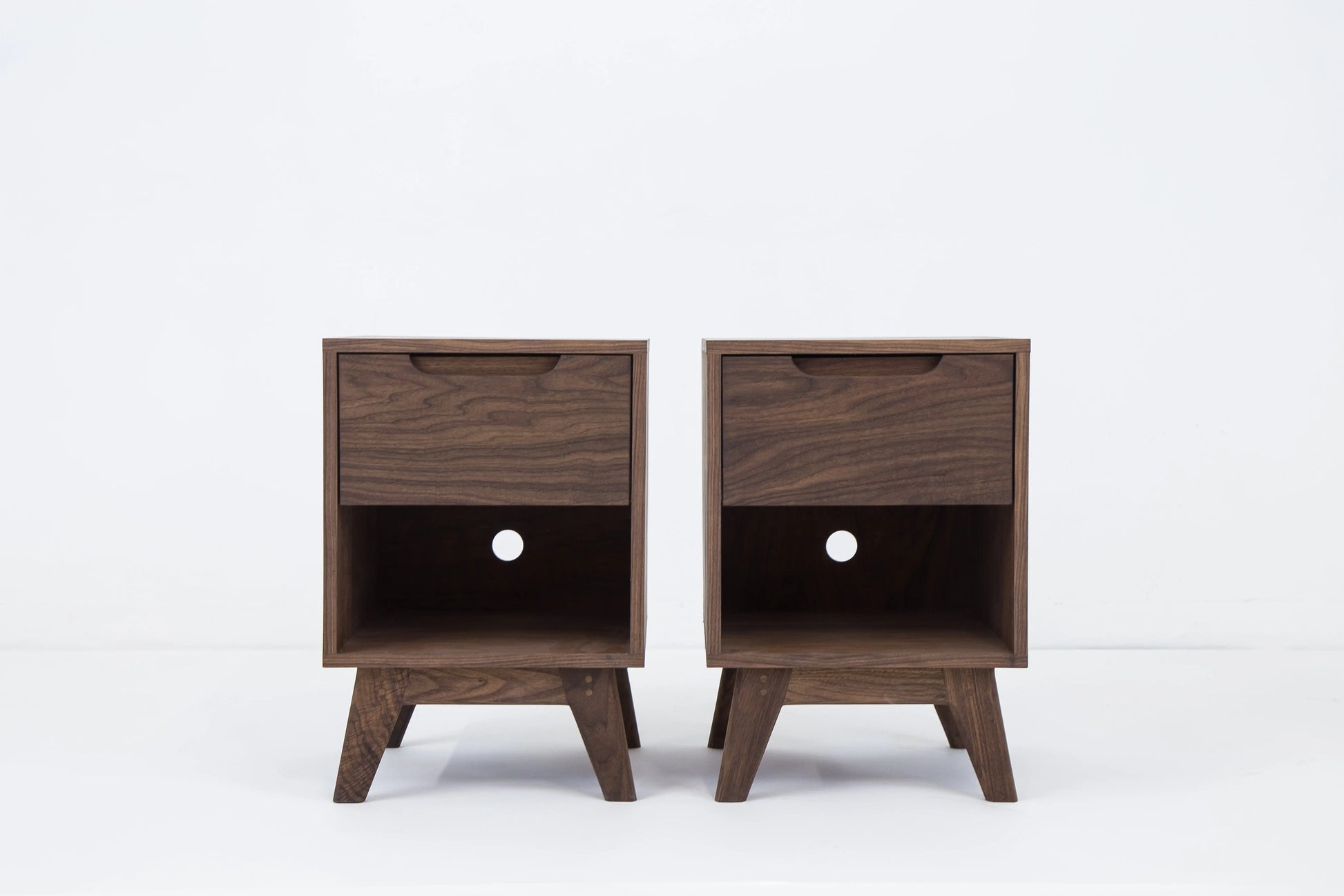 walnut mid century nightstand, front view
