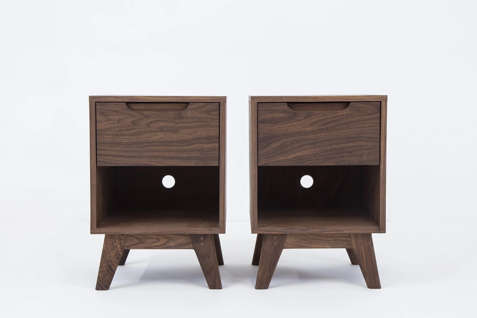 walnut mid century nightstands, solid walnut, handmade, pair. 
