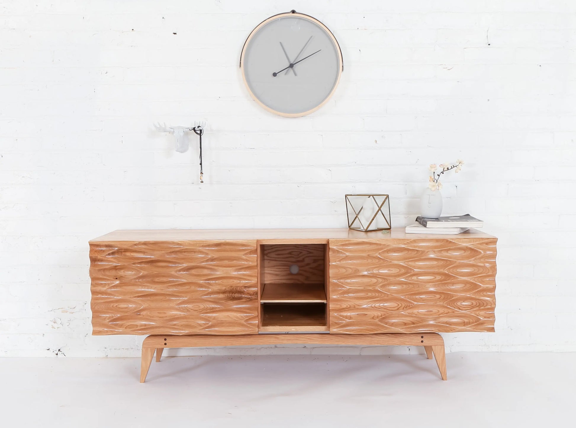 Midcentury Sideboard with 3d Textured Door, In Solid Oak