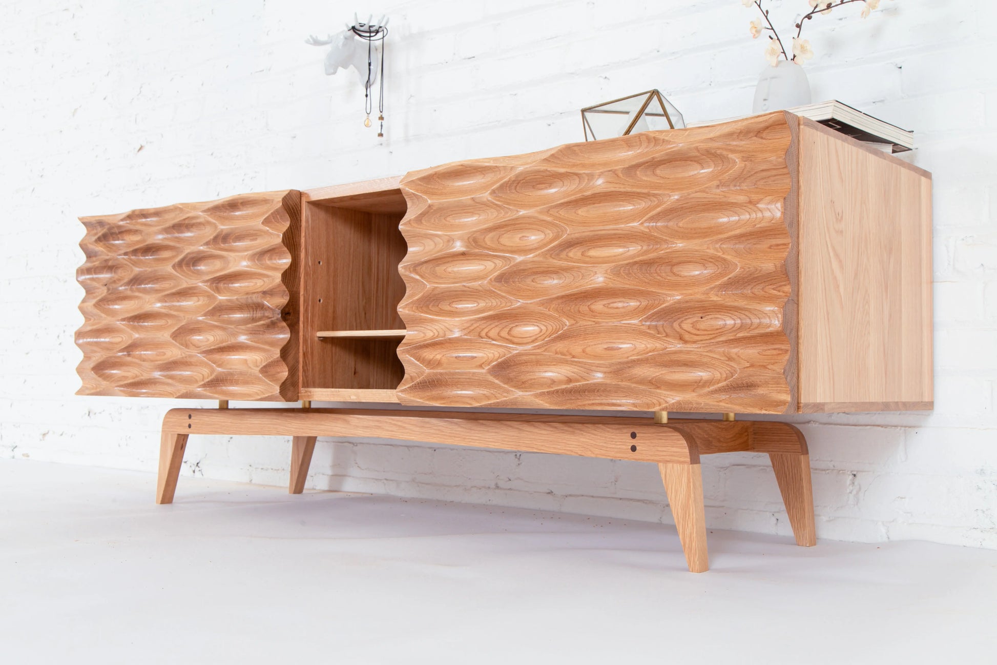 Modern textured credenza in oak, side view
