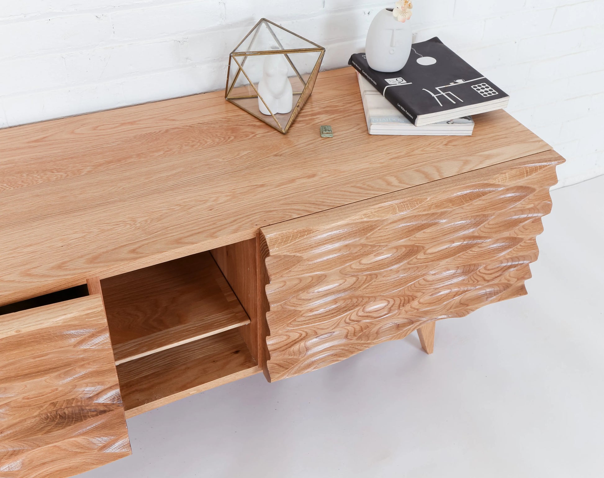 Top view of oak mid century modern buffet