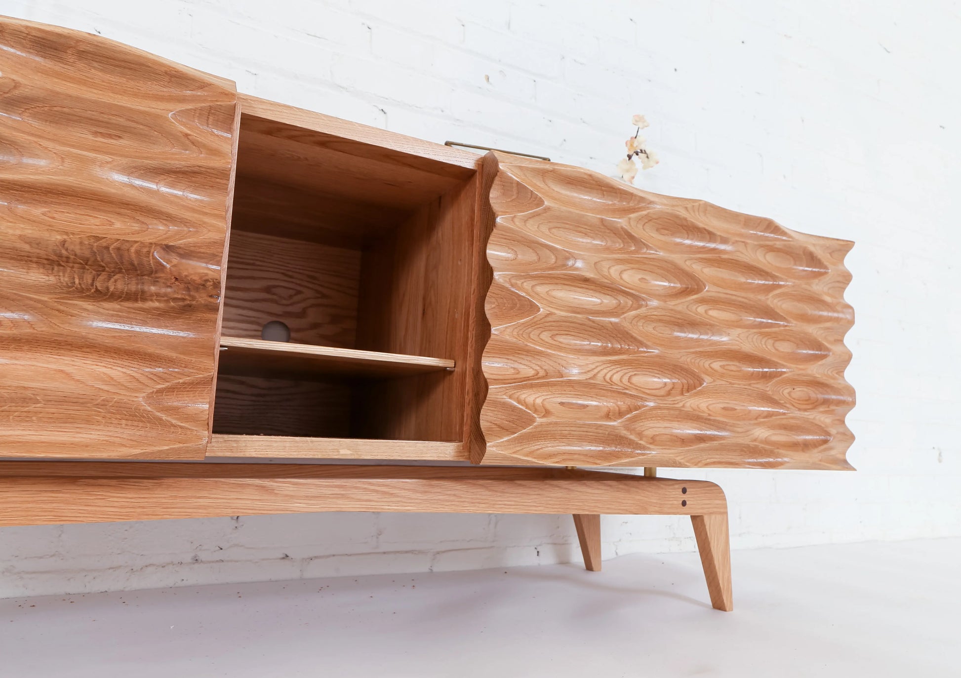 bottom view of Modern oak credenza with textured 3d doors