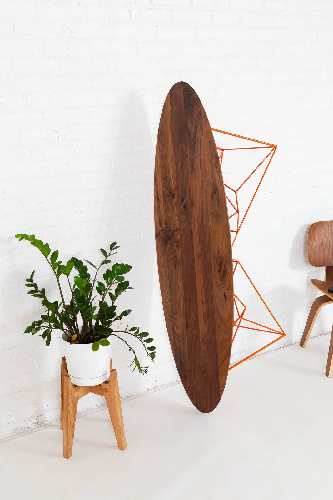 Solid walnut surfboard coffee table with an elegant oval shape