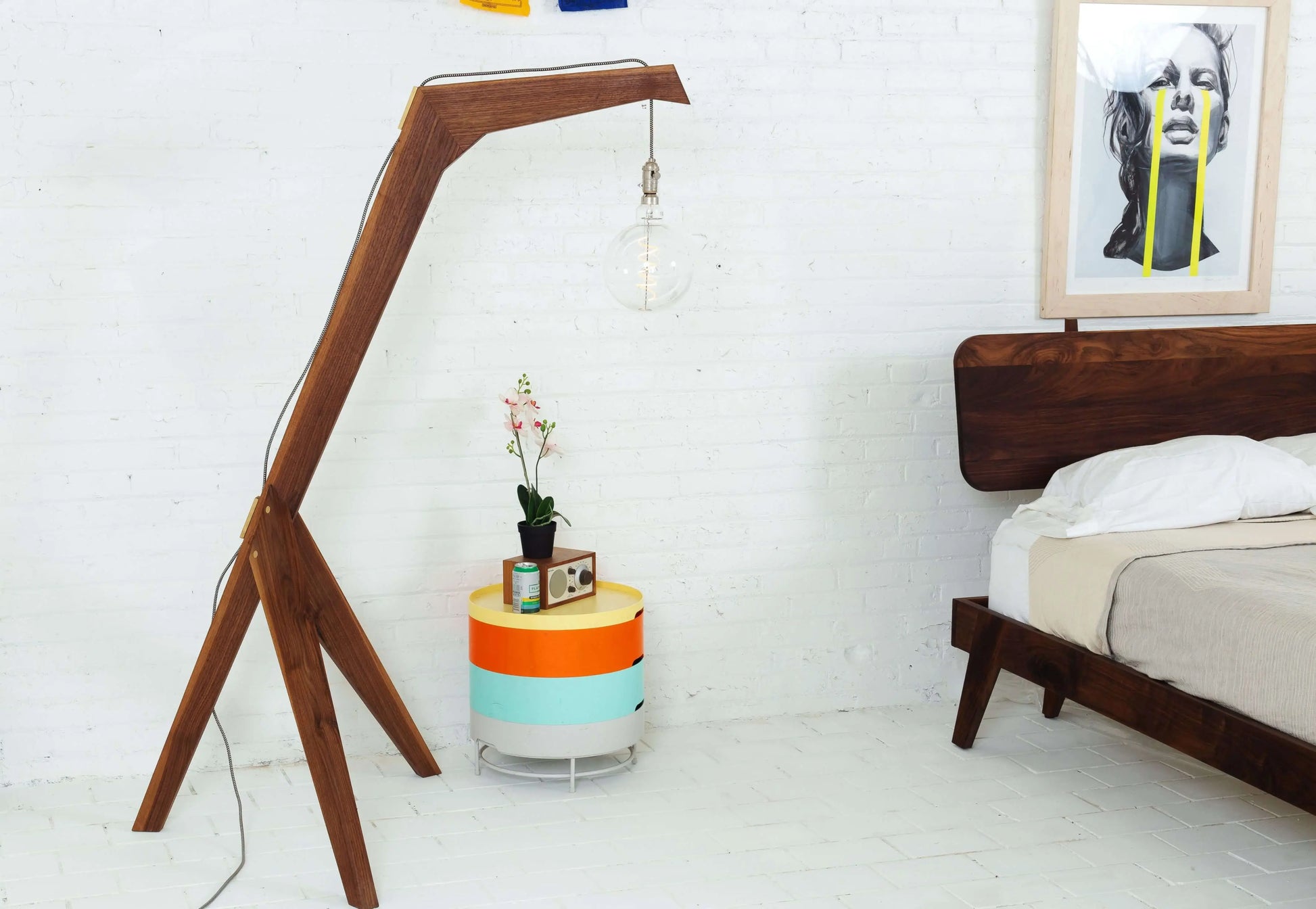 Modern walnut floor lamp with fabric drum shade, The Warwick