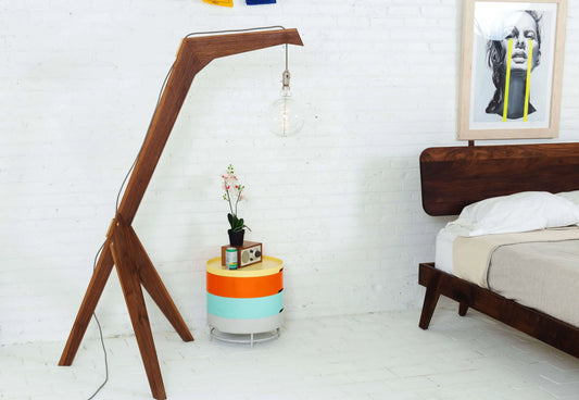 Modern walnut floor lamp with fabric drum shade, The Warwick