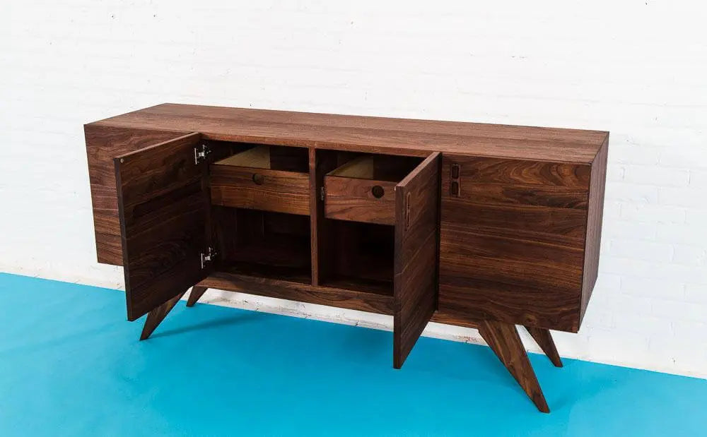 Walnut Mid Century Credenza, one doors open. Blue floor with white background. Loft Space