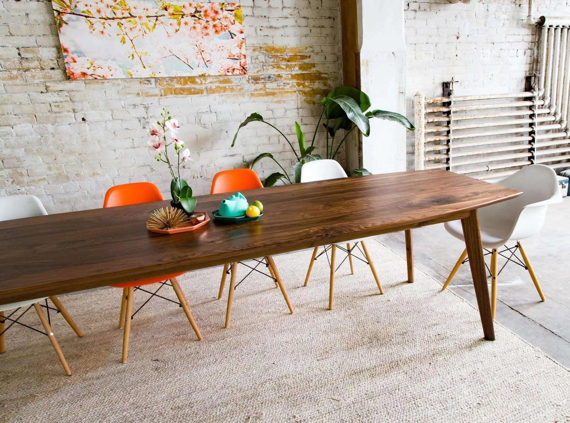 Overhead view of dining table for 10 set for a festive Scandinavian meal