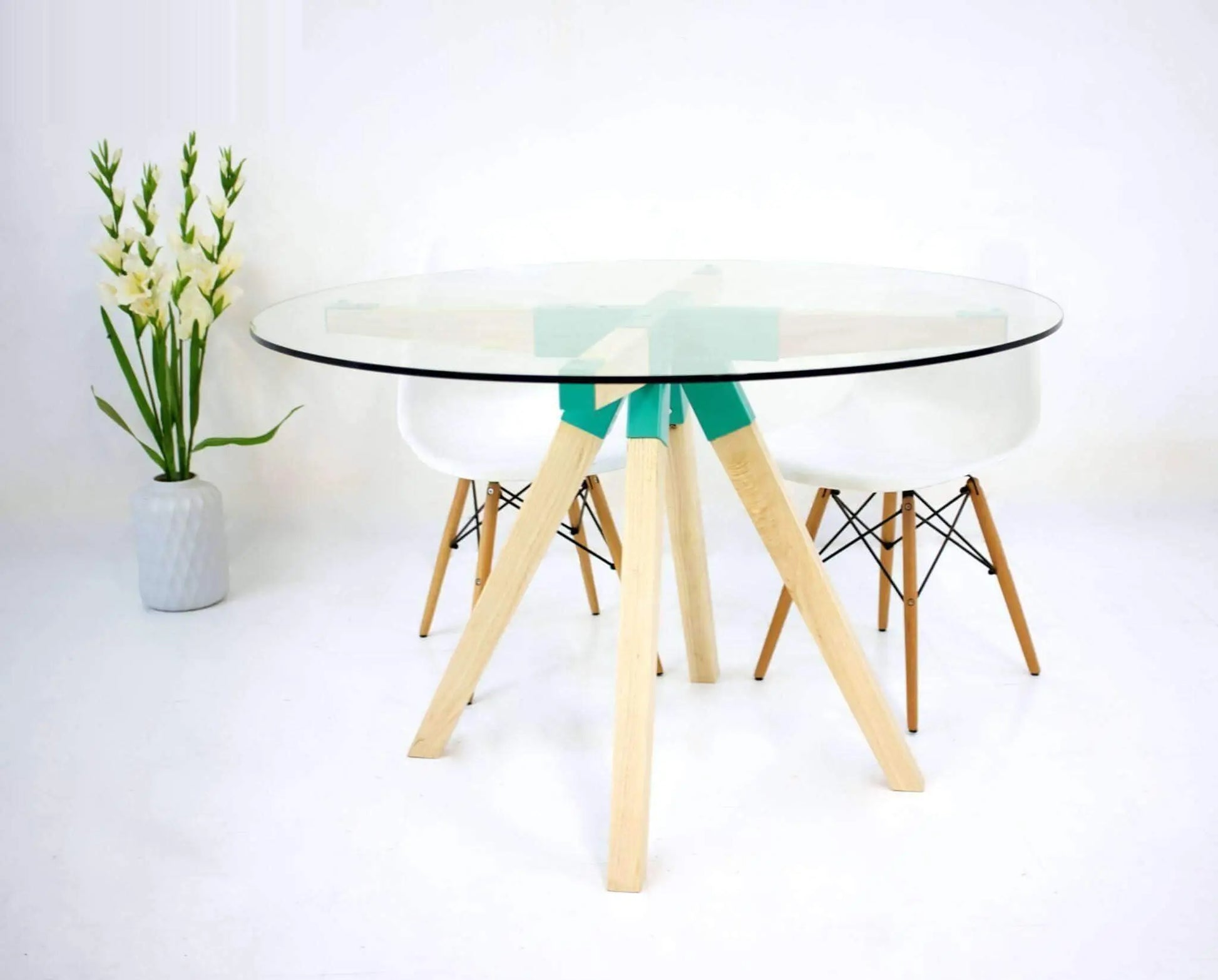 Minimalist glass dining table with solid wood construction, The Maui