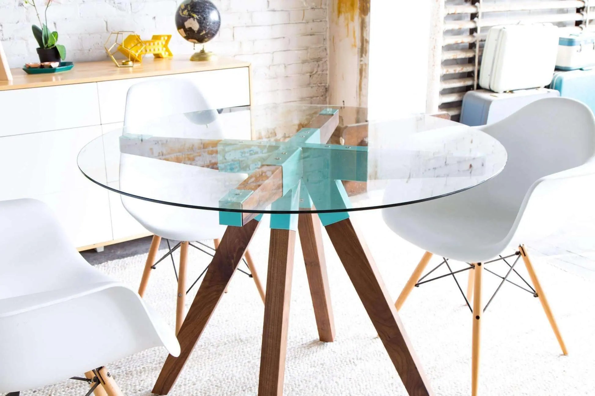Stylish glass-top dining table with warm wood tones, The Maui
