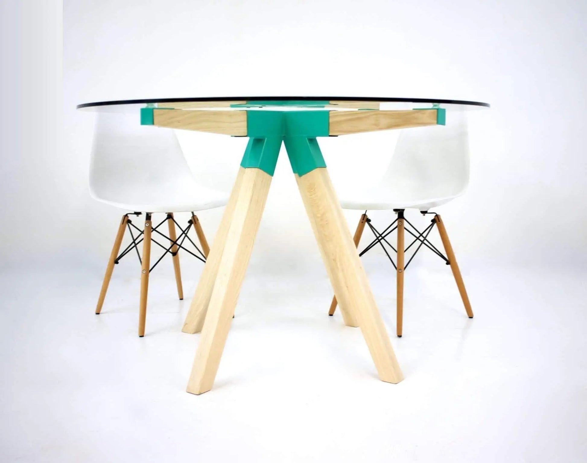 Handmade mid-century dining table with transparent glass top