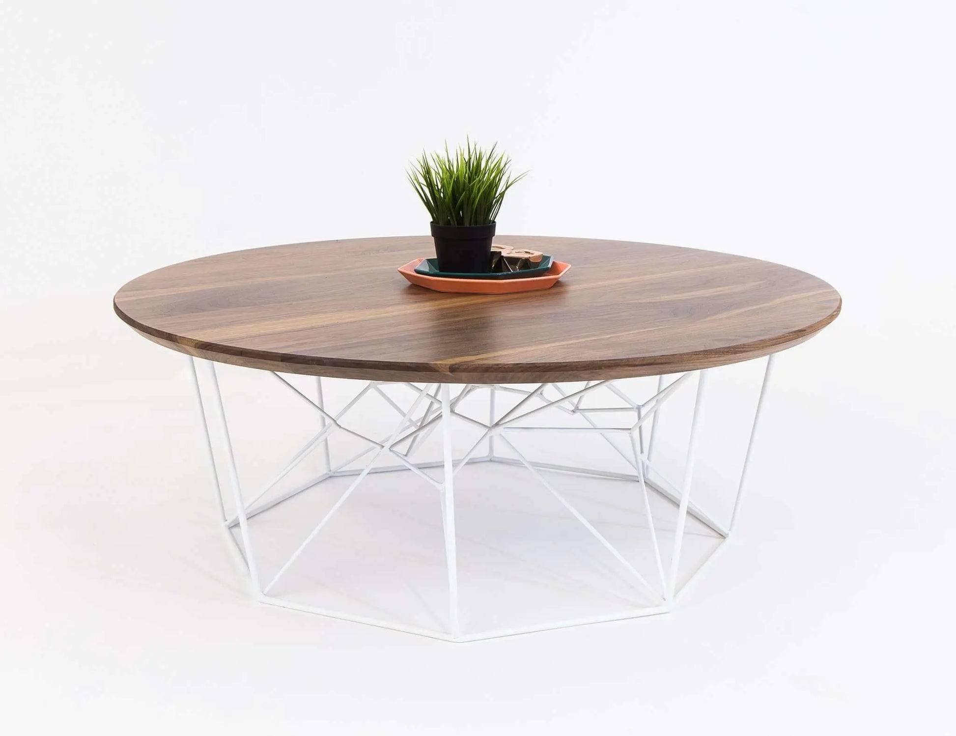 Handcrafted mid-century round coffee table with solid walnut top