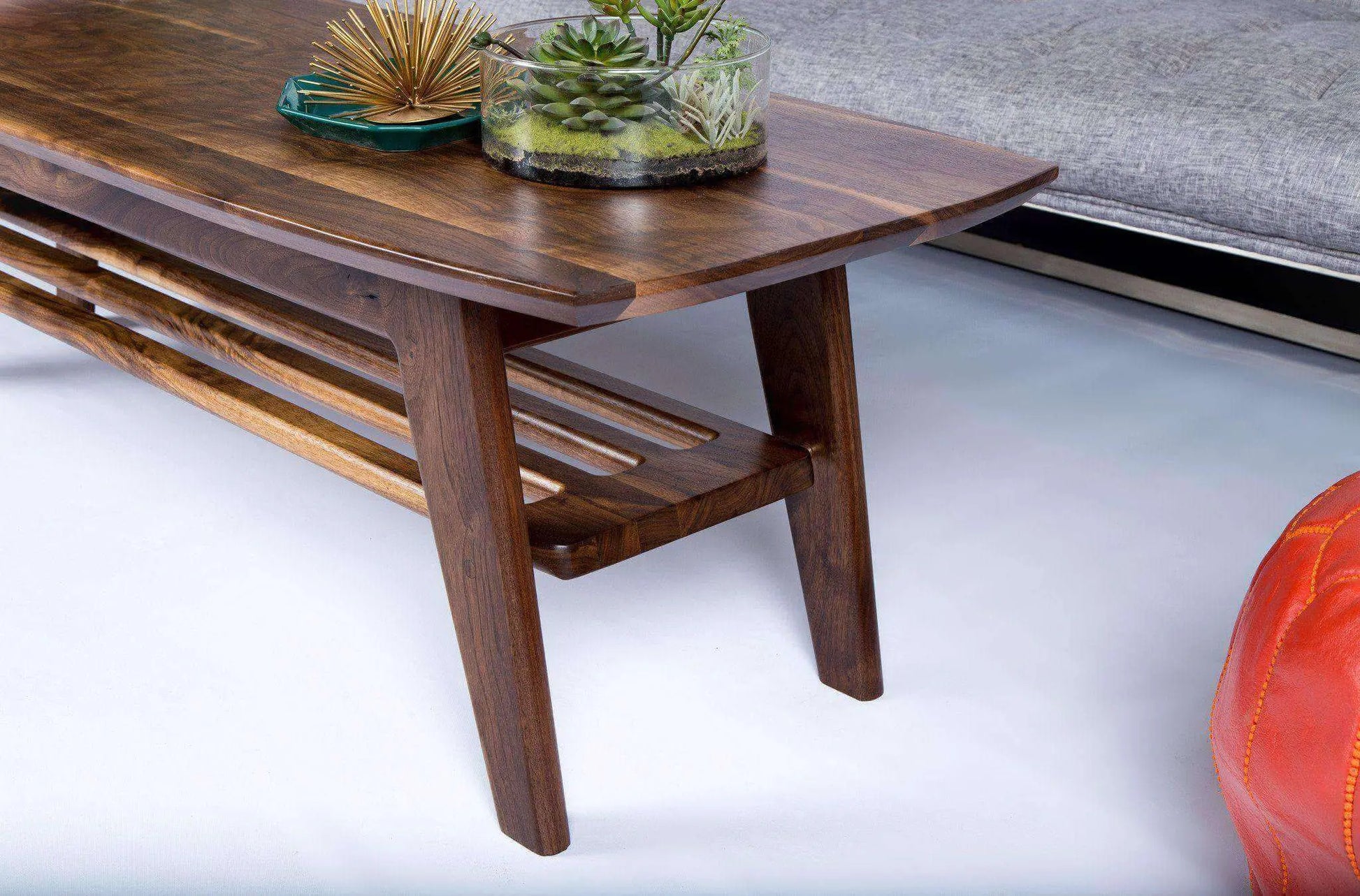 Walnut wood surfboard coffee table with slim, elegant profile