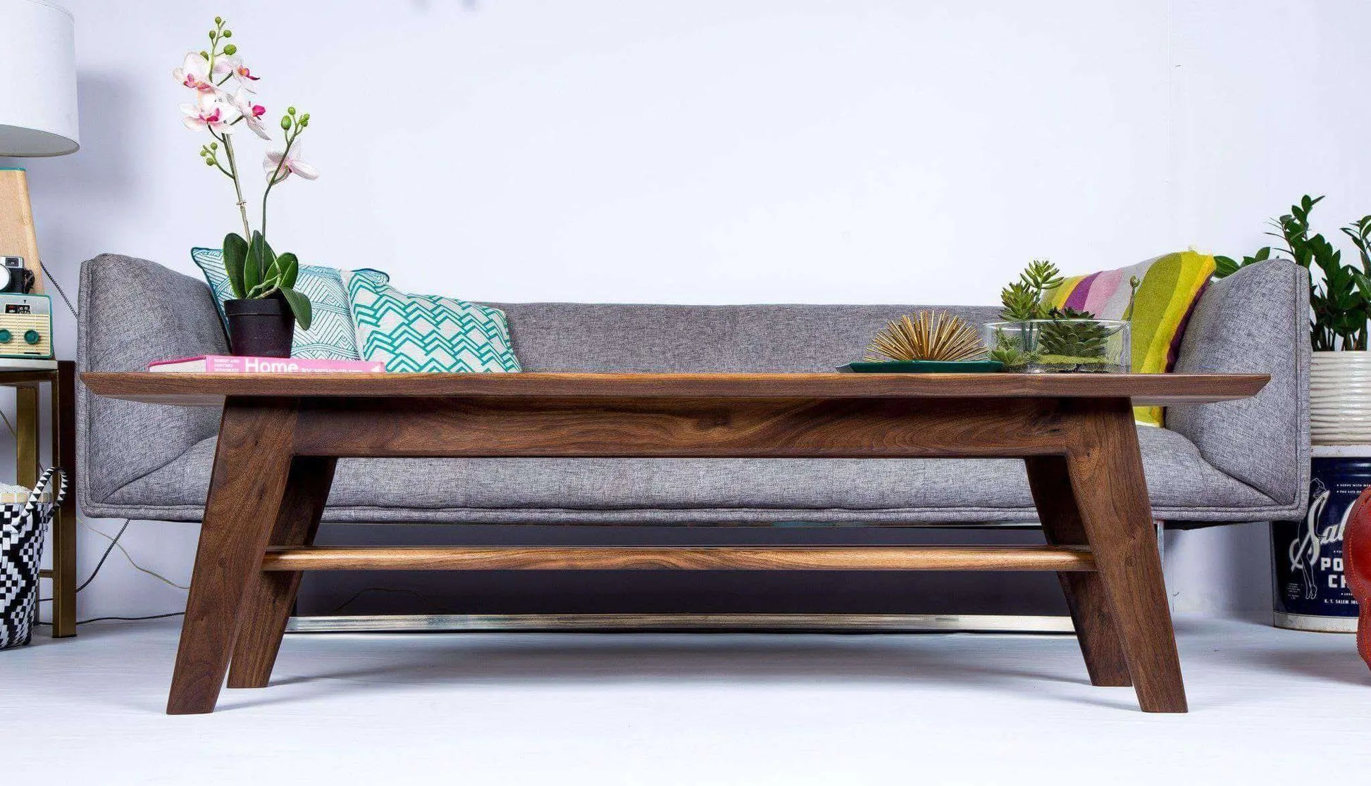 Handmade mid-century surfboard table with natural wood grain