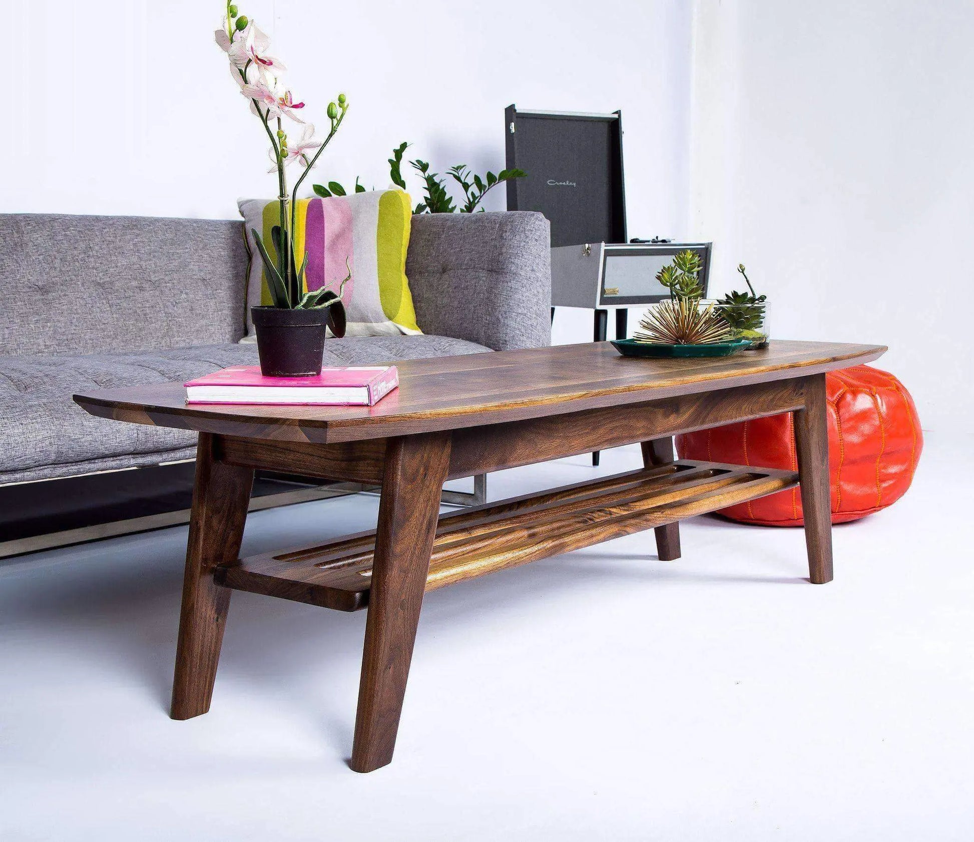 Retro-inspired mid-century surfboard coffee table for living rooms