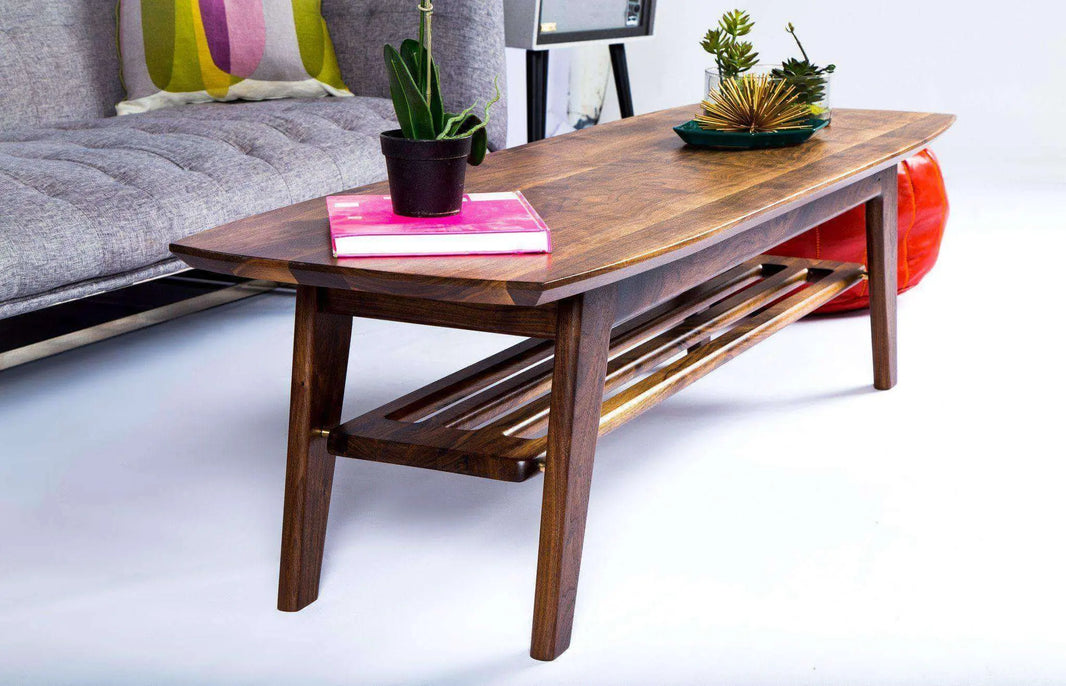 Mid-century modern surfboard coffee table with walnut finish