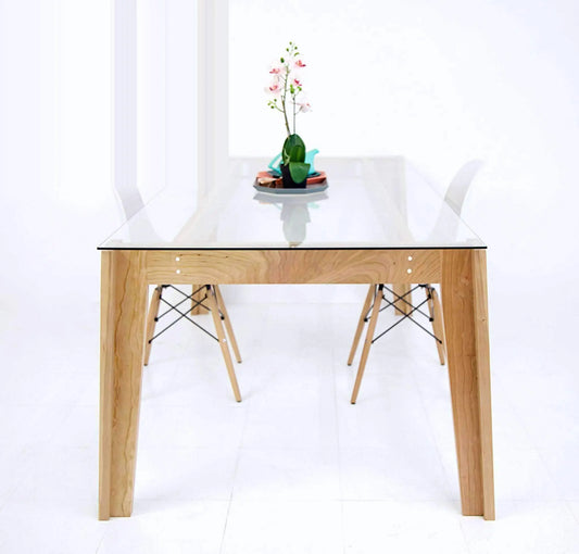 Elegant tempered glass dining table with mid-century modern design