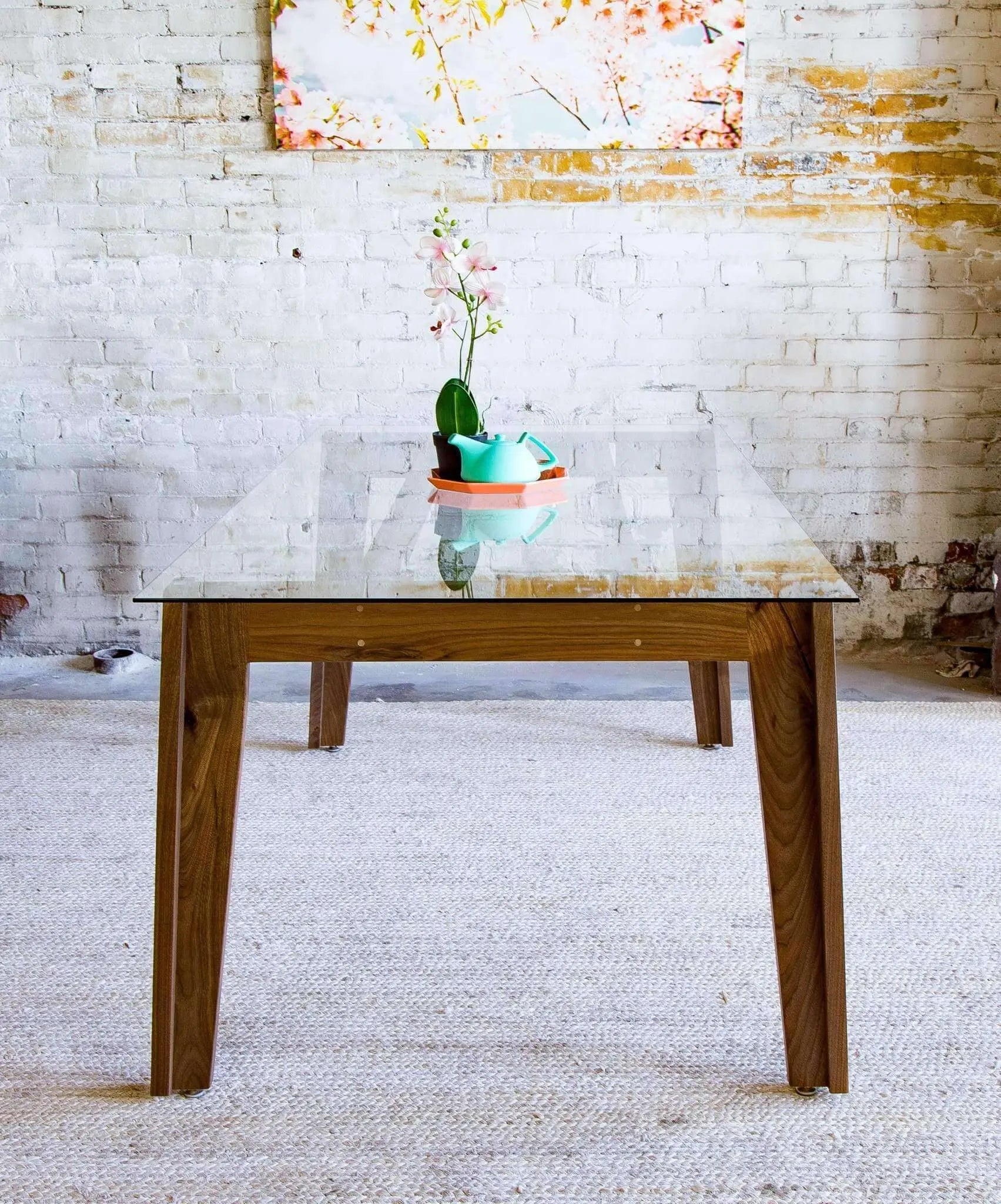 Rectangular tempered glass dining table with vintage wood frame