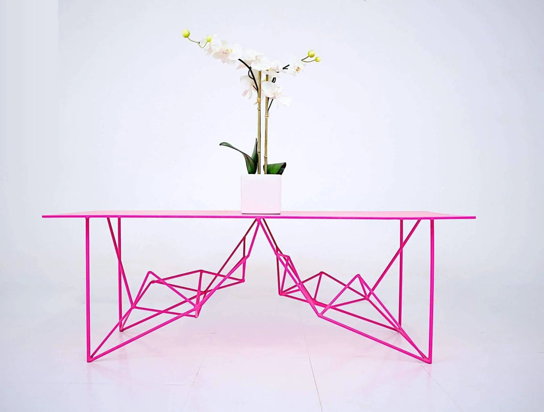 Luxury pink metal console table with a contemporary minimalist look